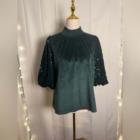 ODDY Green Pleated Sequin Blouse with Mandarin Collar - Picture 9 of 9